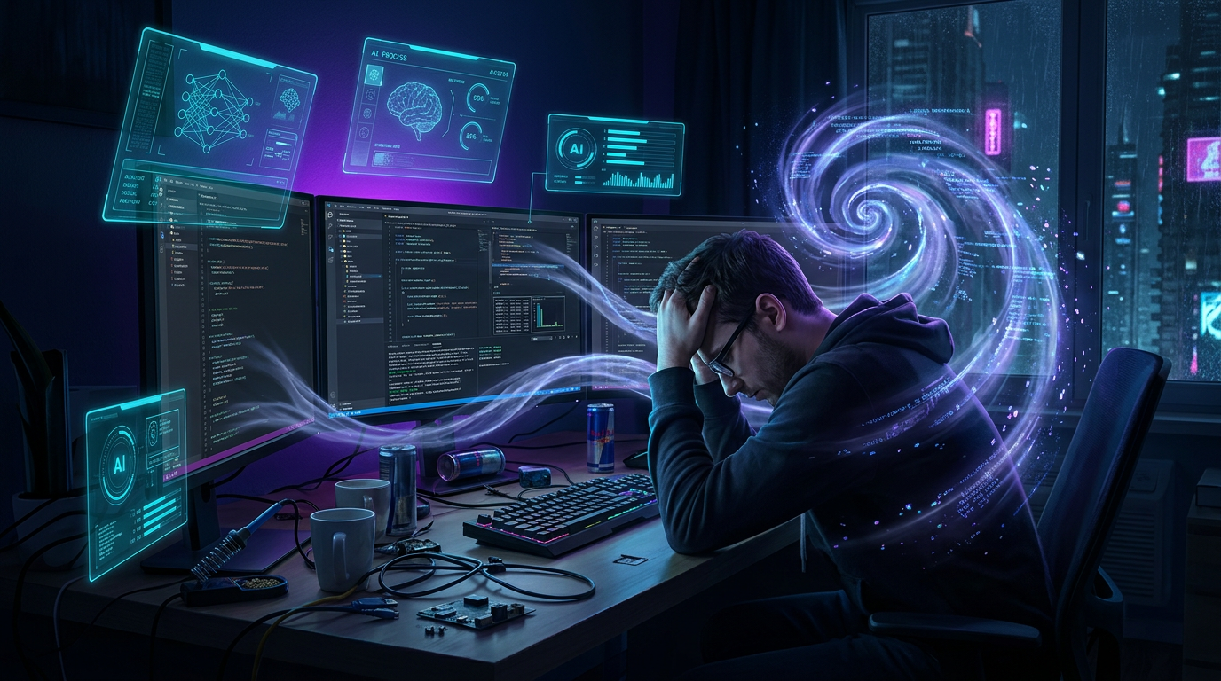 AI 吸血鬼效应 - 疲惫的工程师被 AI 能量体包围